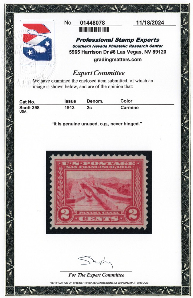 Scott 398, Unused, NEVER HINGED, PSE Cert