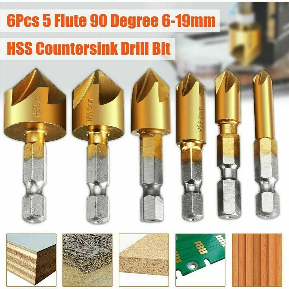 6Pc Chamfer Countersink Deburring Drill Bit Set Crosshole Cutting Metal Tool Kit