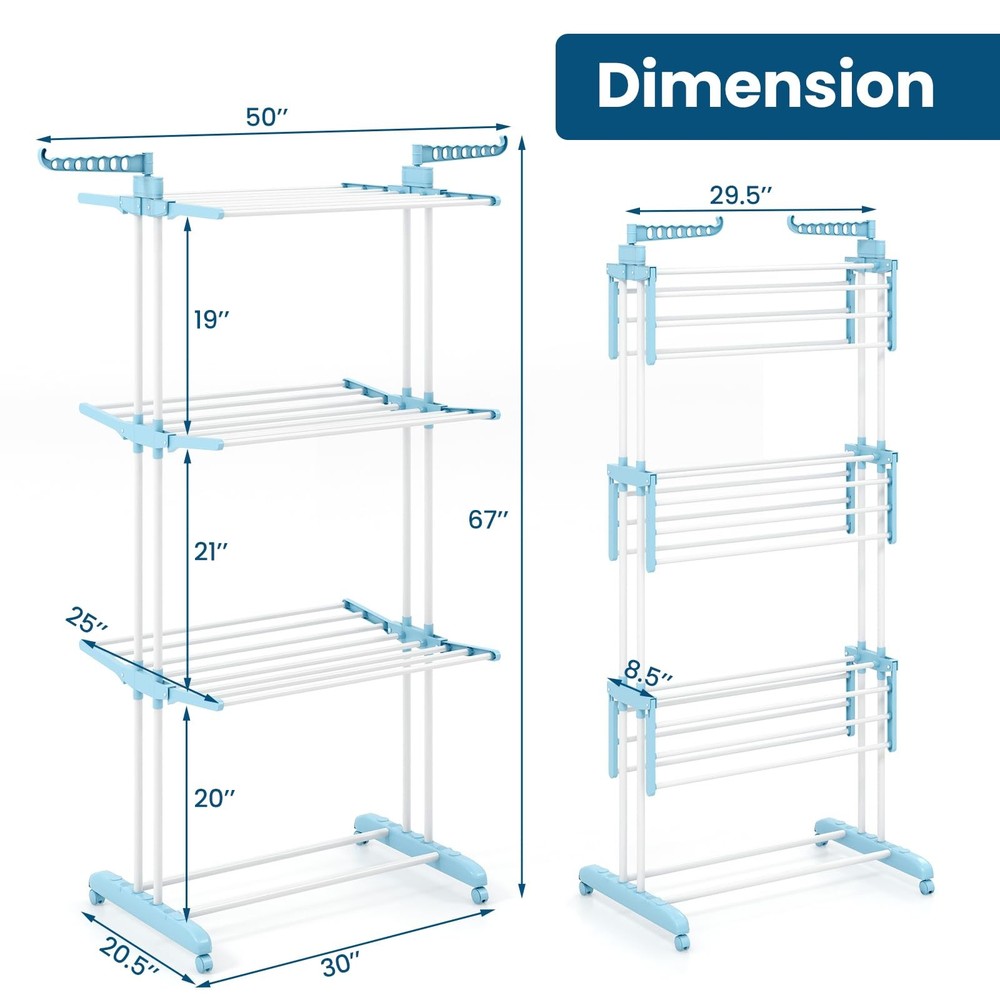 Foldable Clothes Drying Rack, Oversized 4-Tier Collapsible Laundry Rack w/ 3 ...