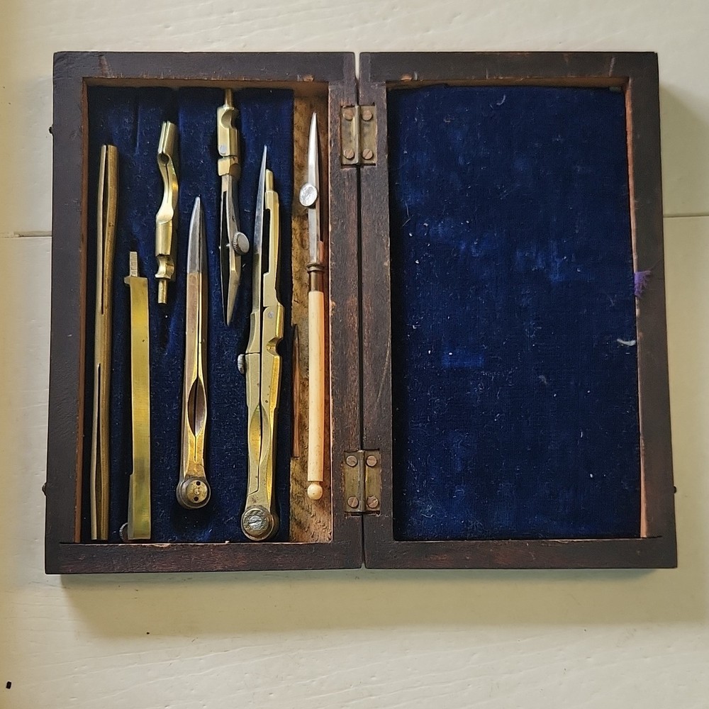 VintagvBrass Drafting Tool Set in Wooden Case