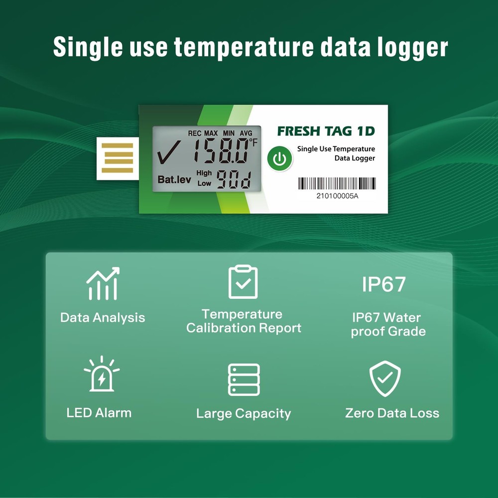 Freshliance USB Temperature Data Logger: 30000 Points, PDF/CSV Report, 30 Days