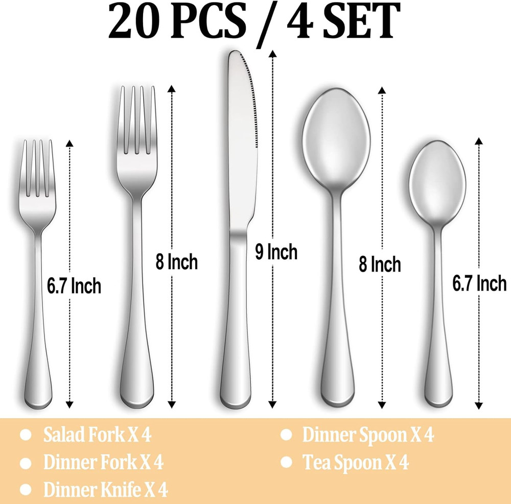 20 Piece Silverware Set Service for 4,Premium Stainless Steel Flatware Set,Mi...