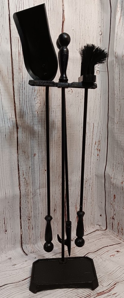 Vintage 3 Piece Black Cast Iron Fireplace Tool Set