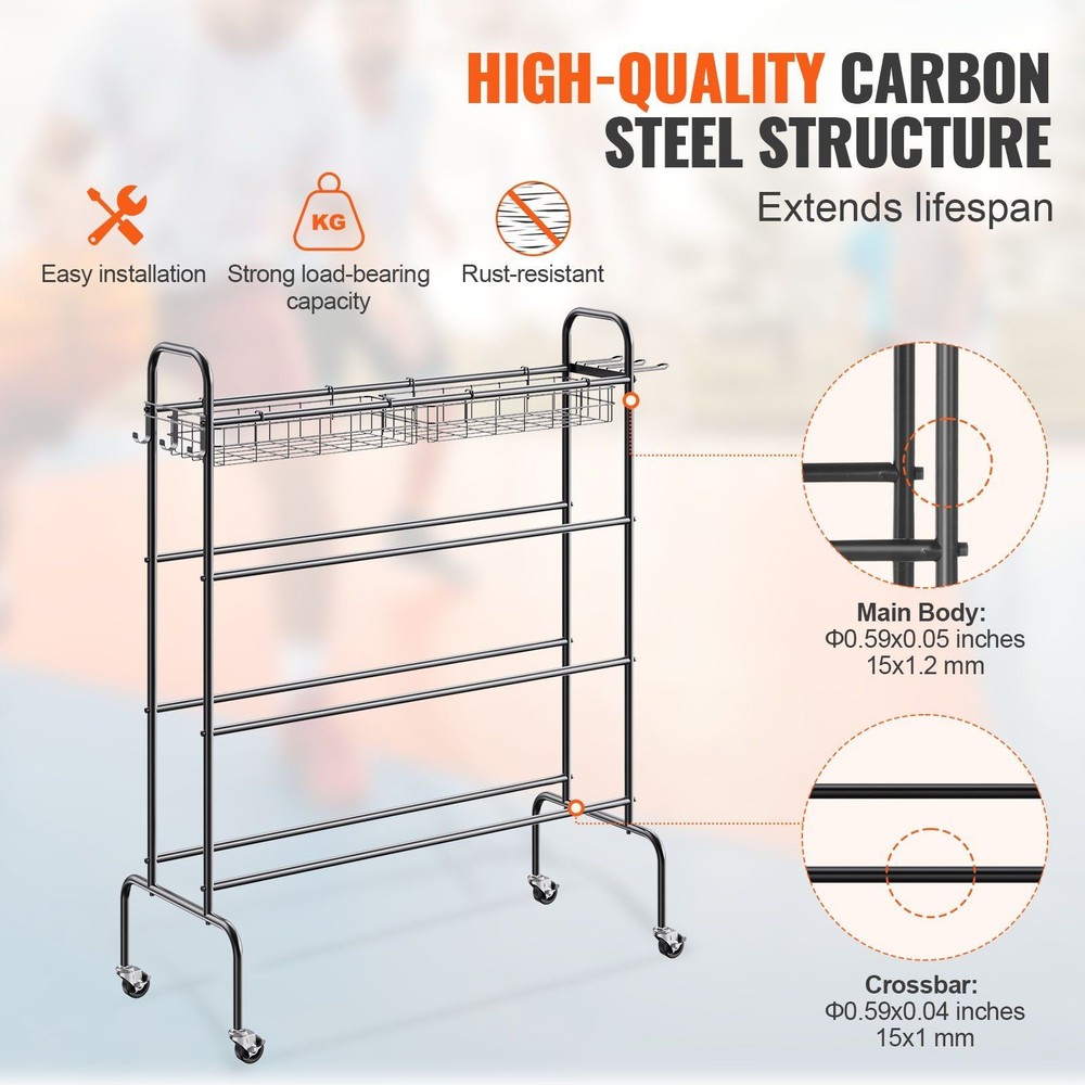 4-Tier Basketball Storage System w/ Wheels Hooks Bat Holders & Baskets