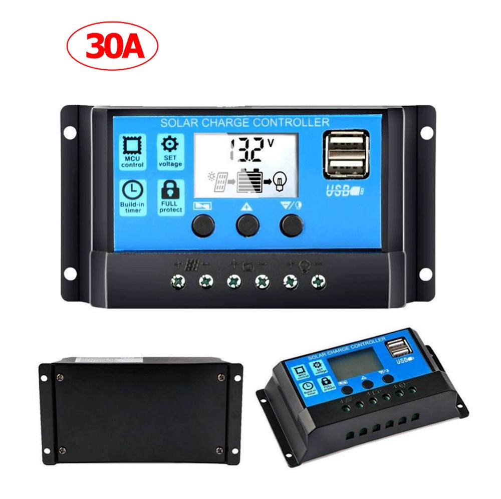 30A 12V/24V Solar Panel Battery Charge Controller LCD Regulator Auto Dual USB US