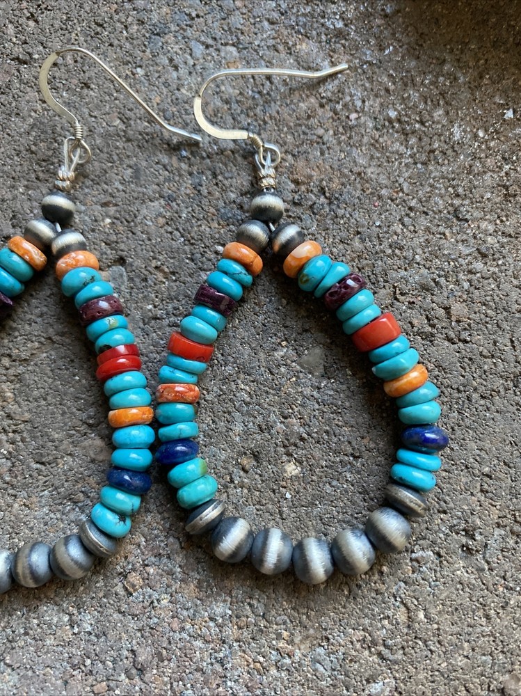 Sterling Silver Multi Stone W Pearls Bead Loop Earrings.