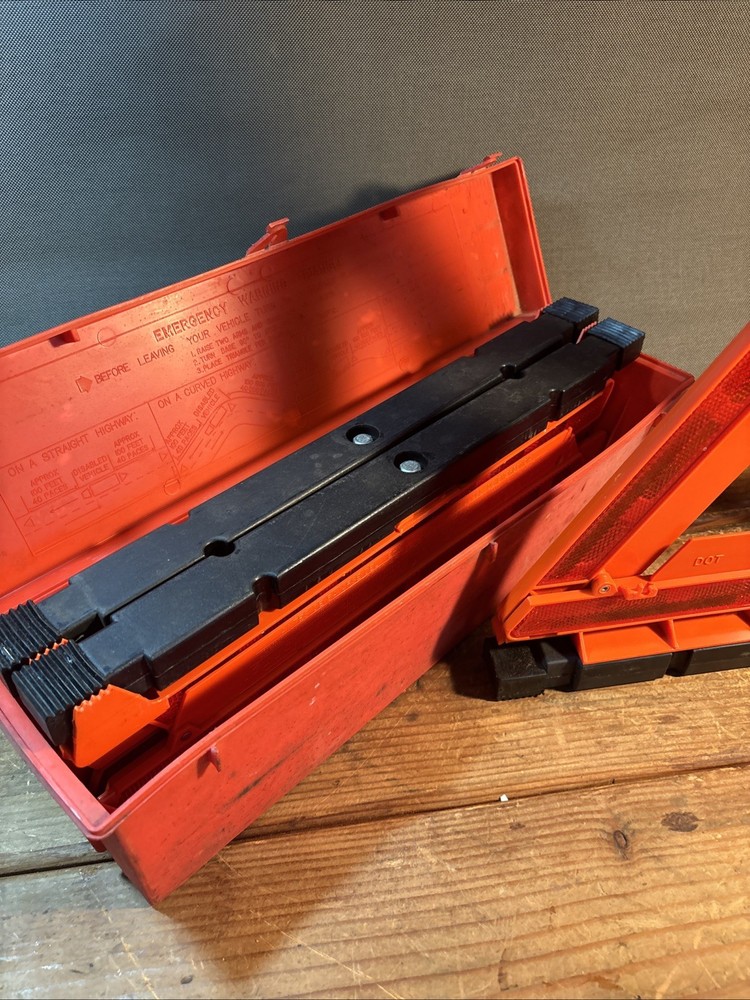 Vintage Hella Emergency Warning Triangles Set with Red Case Germany