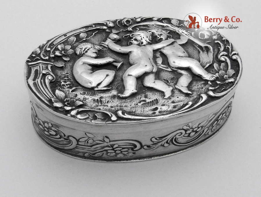 Figural Dancing Cherub Pill Box Oval Large 800 Silver 1900