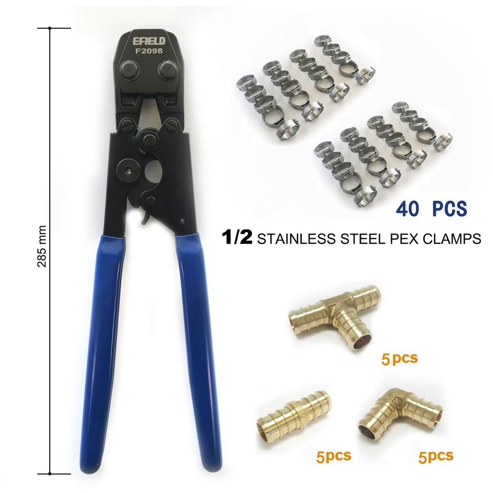 PEX CINCH CLAMP CRIMP TOOL 40 PCS 1/2" CLAMP, 15 PCS Coupling ,Elbow,Tee Fitting