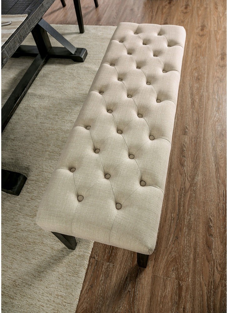 Classic Ivory 1PC BENCH Button Tufted Linen Like Fabric Solid wood Chair Uphol