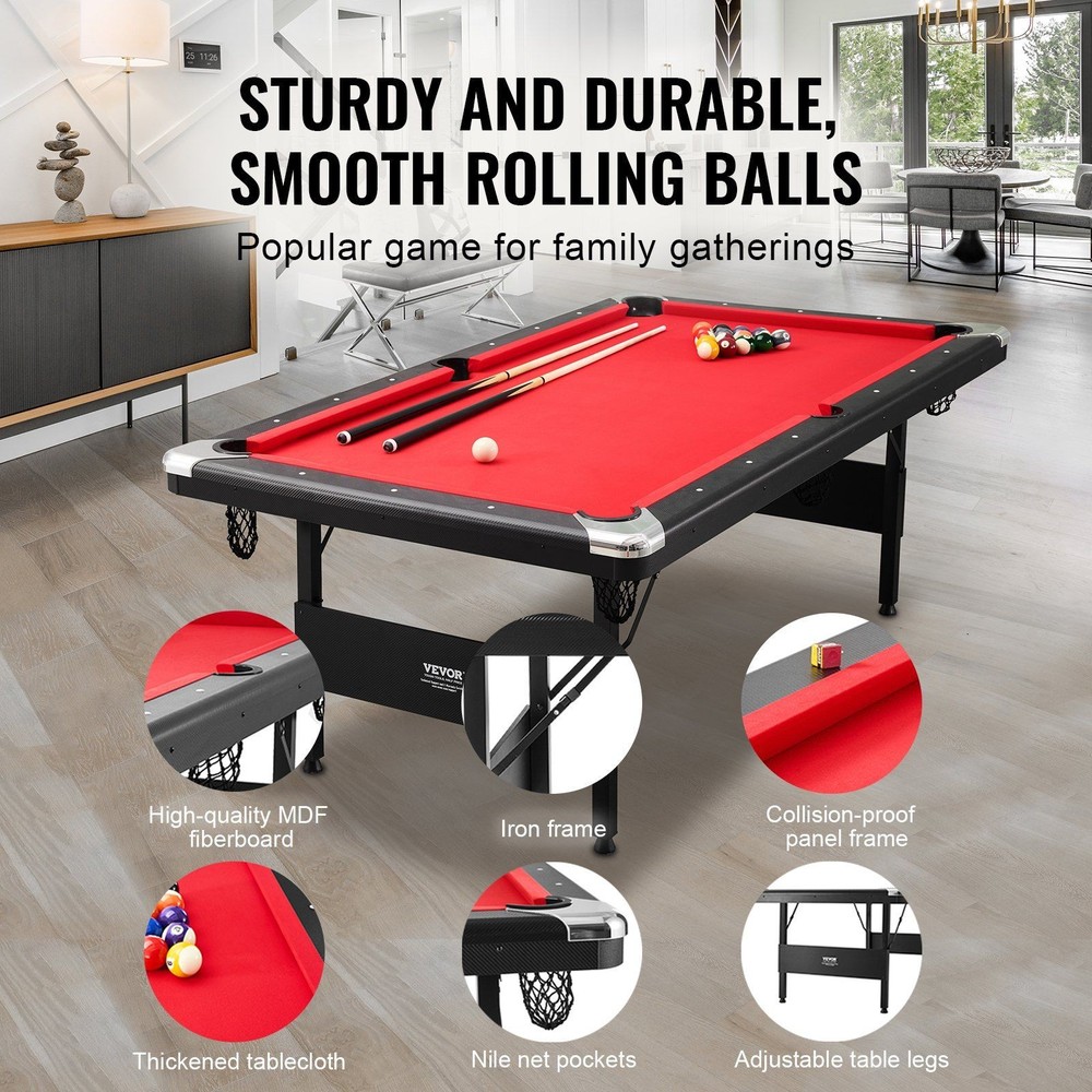 7ft Foldable Billiard Table MDF Top Iron Art Frame Adjustable Black Red Felt
