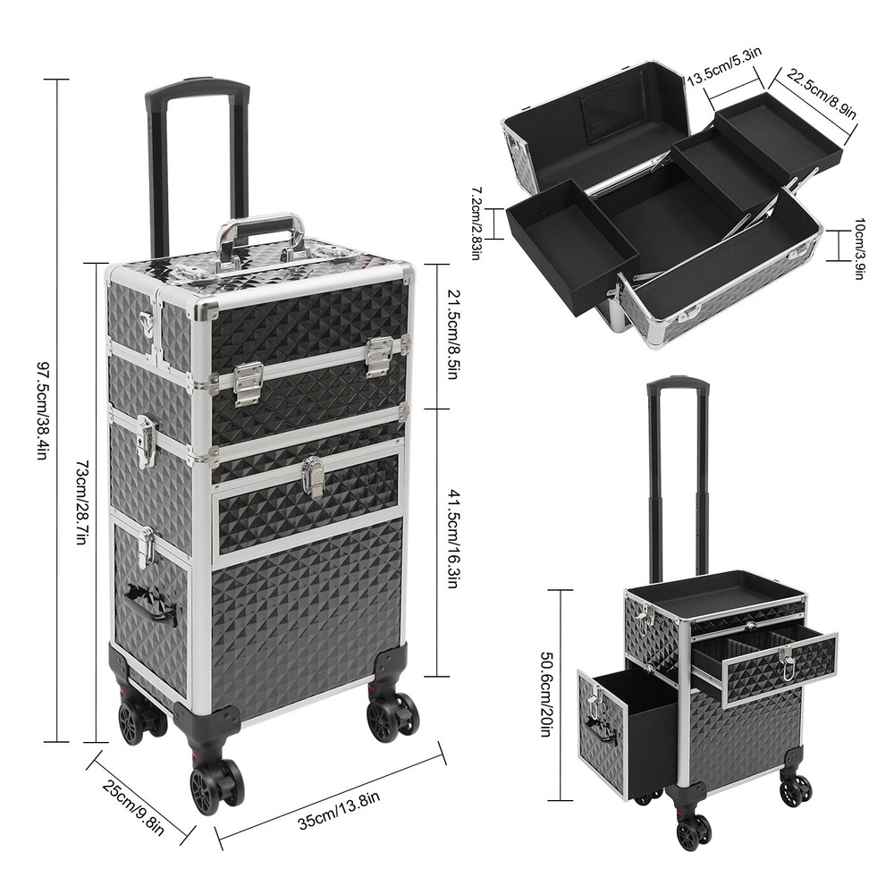 Professional Rolling Makeup Train Case, Multi-functional Cosmetic Trolley, Large