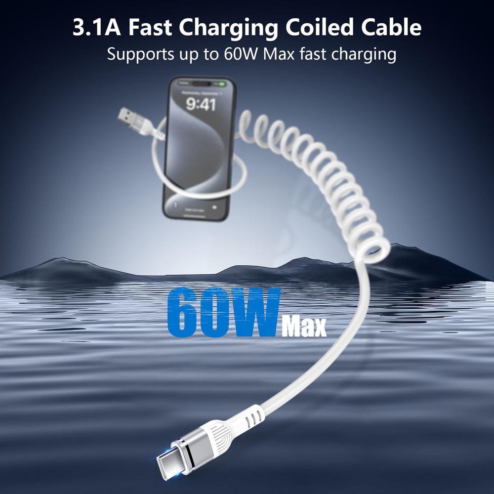 3FT Coiled USB C Cable for iPhone 17 Pro Max/16, [White] A to 3 ft, White