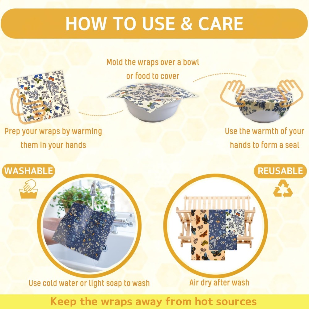 Zero Waste Wraps, 9pcs Beeswax, Reusable, Blue