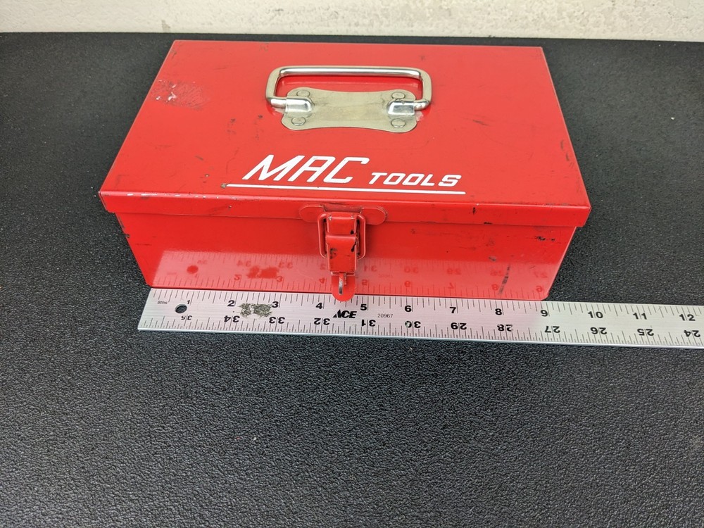 #bn739 Vintage Mac Tools Red Metal ToolBox Hinged Lid Rectangular