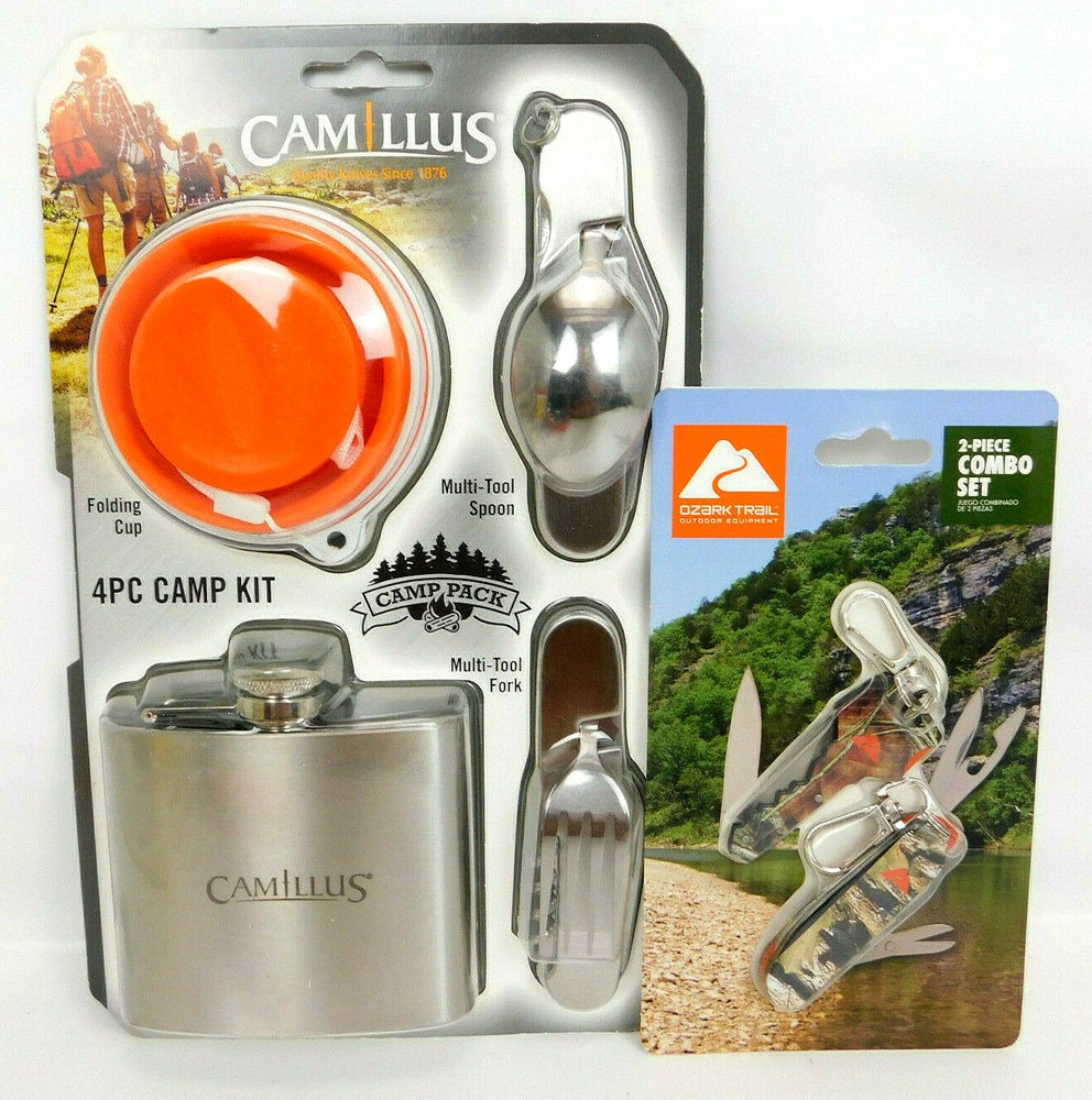 Camillus 4 PIECE CAMP SET (Spoon, Fork / Tool, Flask & Cup) 2 Pc KNIFE COMBO SET