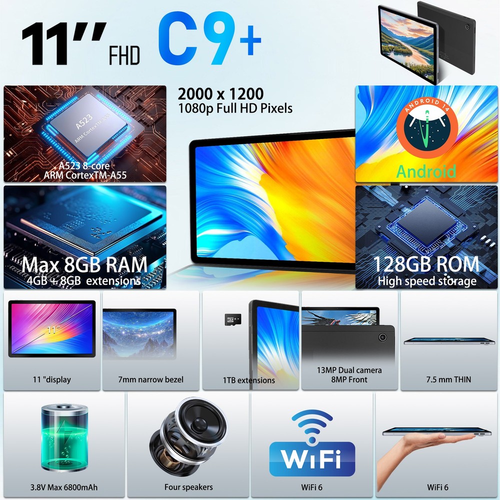 11 inch Android 14 Tablets HD Touchscreen Octa-Core 12GB + 128GB Dual Camera