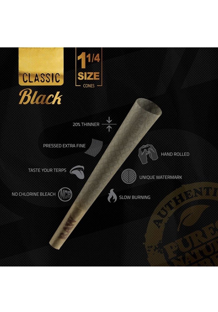 RAW BLACK 1 1/4 size pre rolled cone + raw 1/4 size cone loader