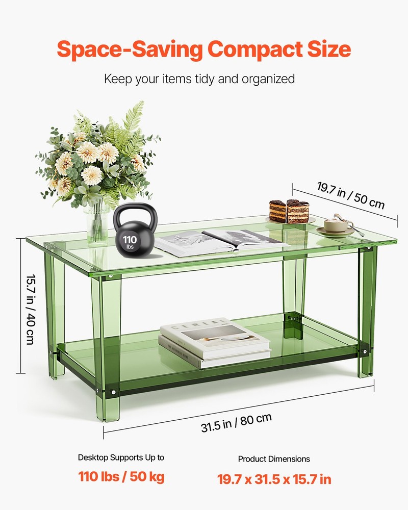 Acrylic Coffee Table 2 Tiers Center Table Storage Shelf Modern Rectangle A