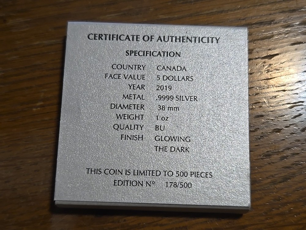 2019 COLORIZED GLOWING DARK 1 oz .9999 FINE SILVER MAPLE LEAF LIMITED NICE