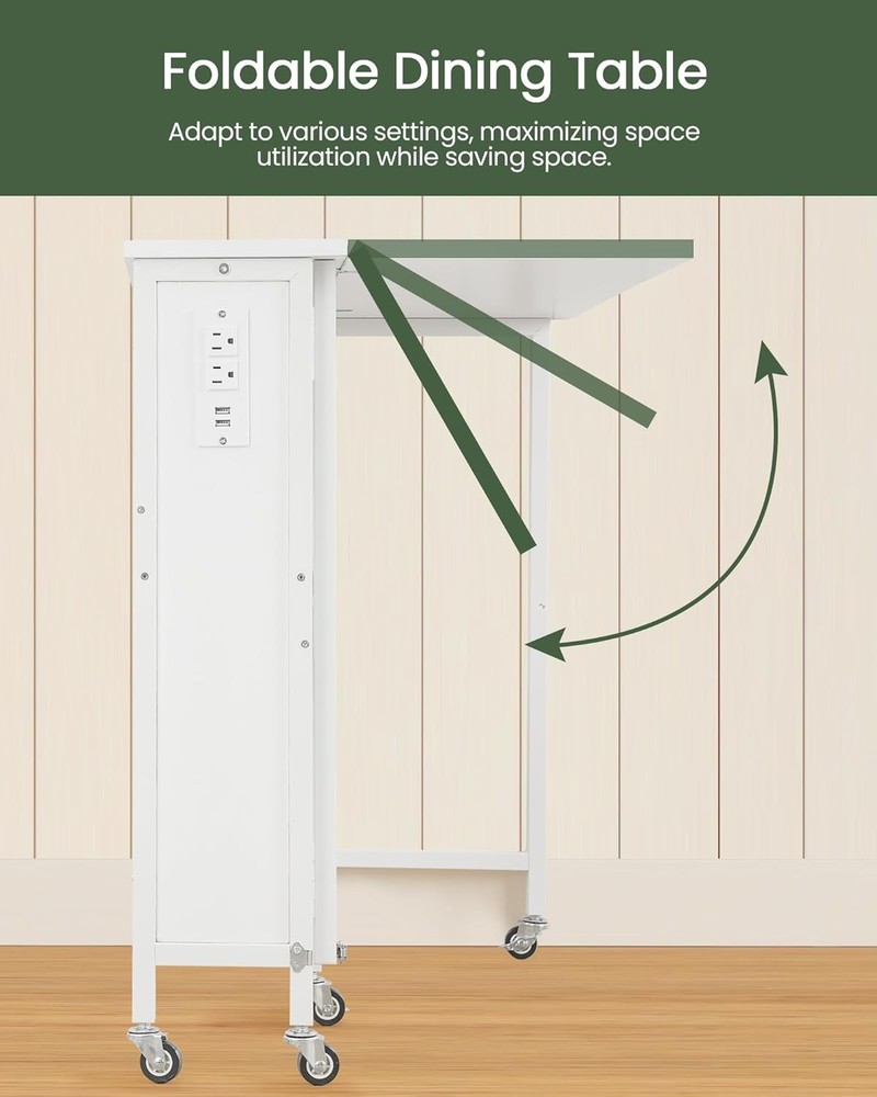 NEW 31.5" Modern White Folding Computer Desk with Power Outlets, Wheels, Stora