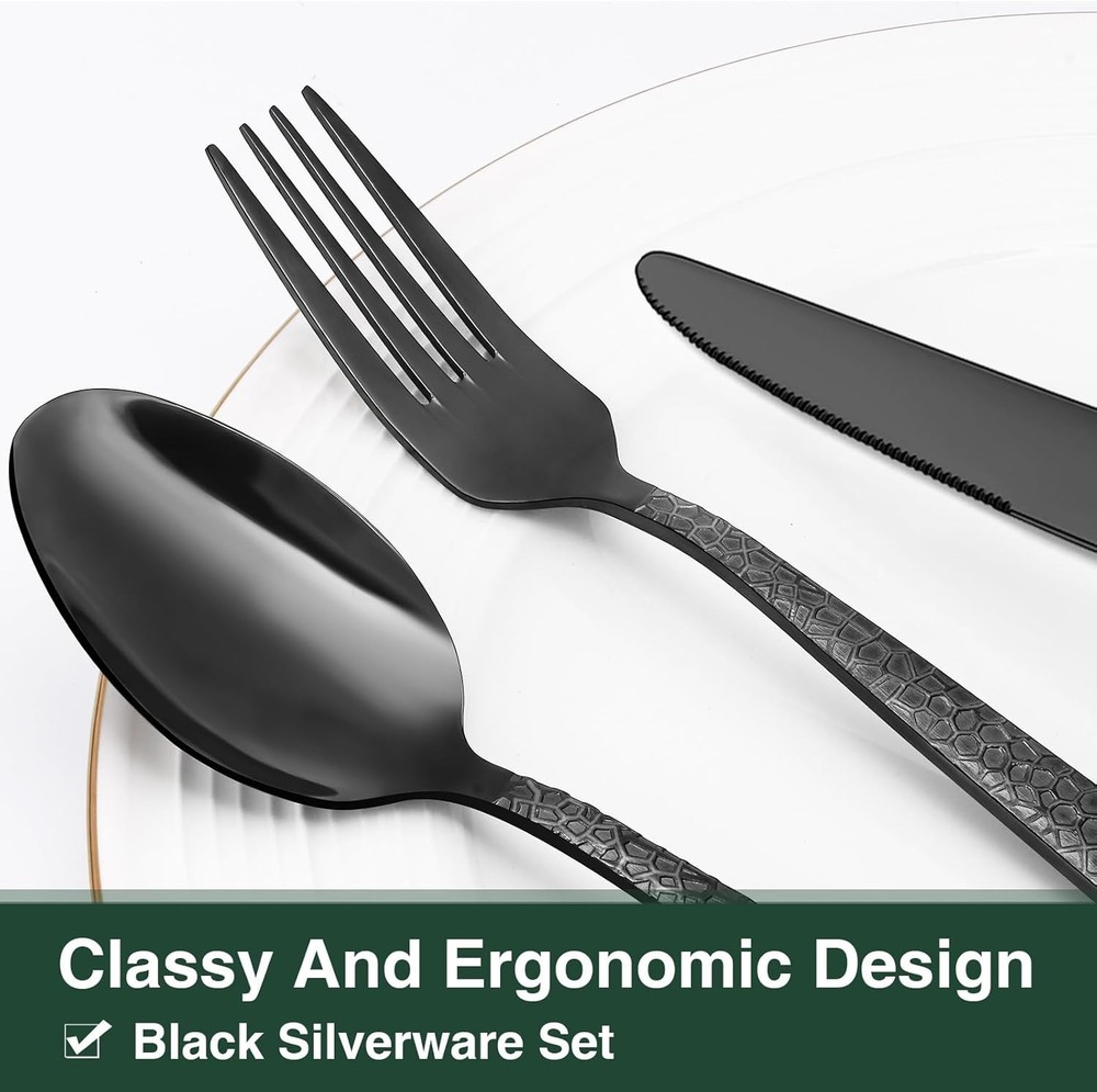 Black Hammered Silverware Set, 20-Piece Stainless Steel Square Flatware Set for