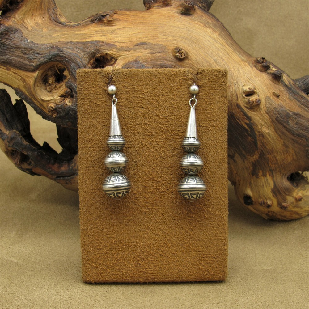 Sterling Silver Graduated Stamped Bead Dangle Post Earrings