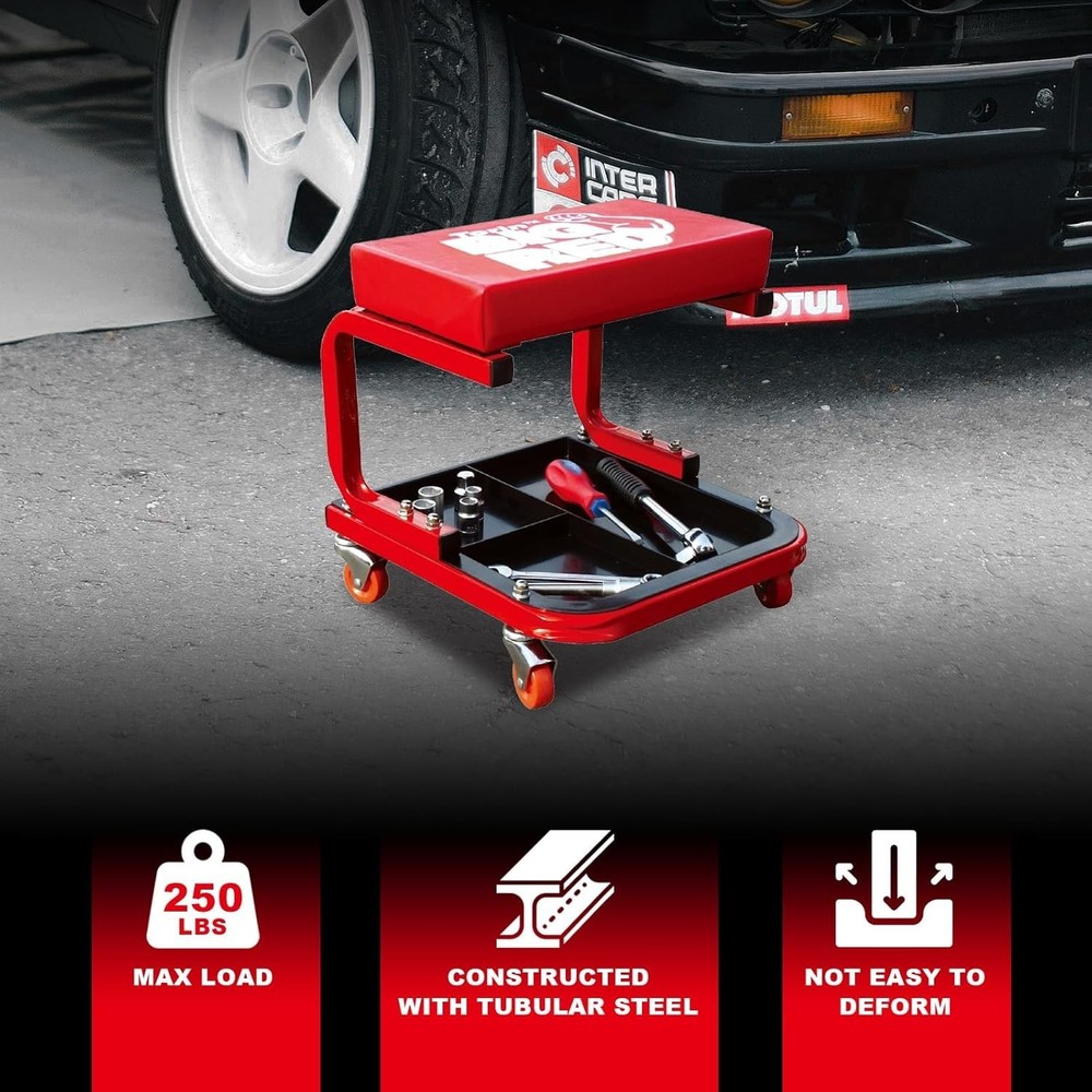Comfortable Red Rolling Garage Stool: 250 lbs Capacity with Tool Storage Tray