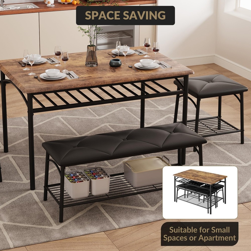 4pcs Dining Set for Small Spaces Kitchen Table w/ Upholstered Bench & 2 Stools