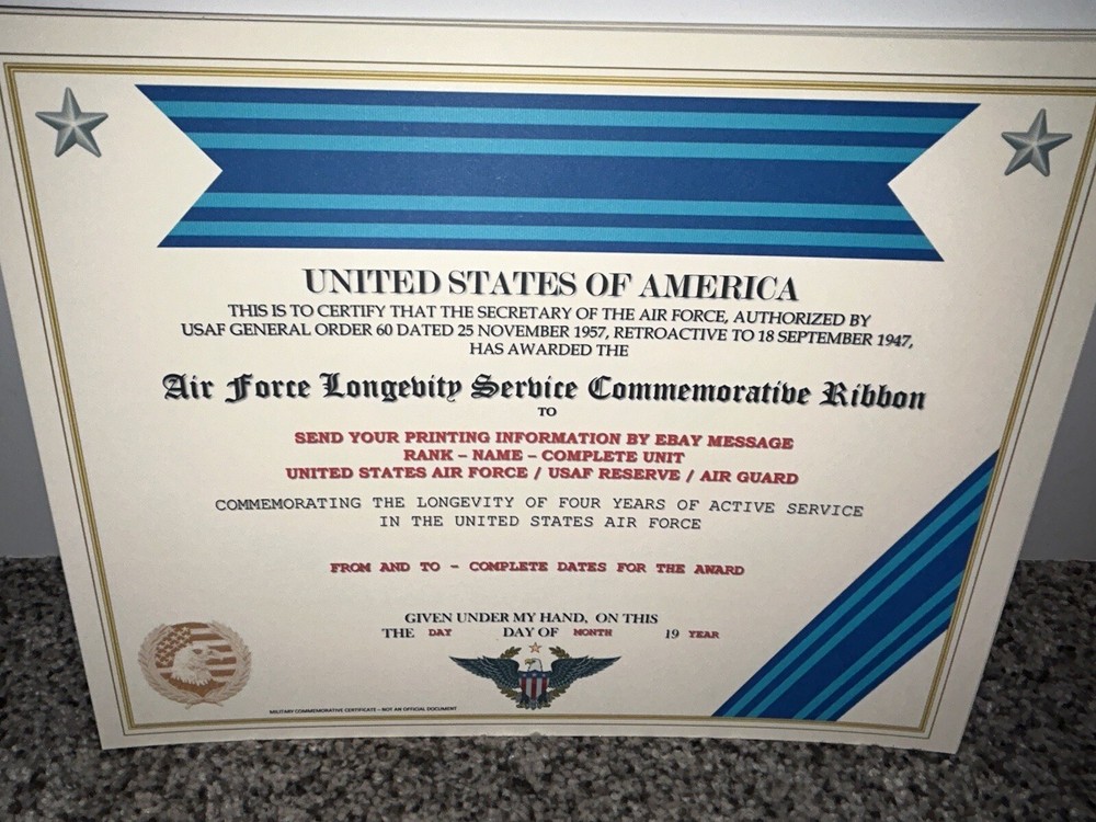 U.S. AIR FORCE LONGEVITY RIBBON COMMEMORATIVE CERTIFICATE ~ W/PRINTING TYPE-1