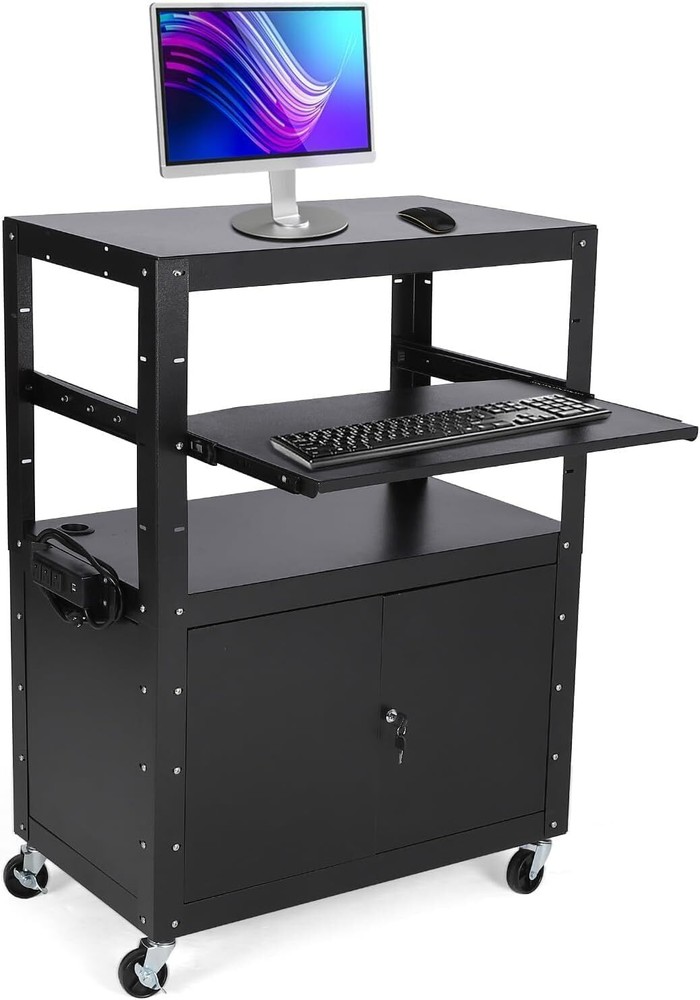 Rolling AV Cart with Extra Storage Adjustable Height Cart with Locking Cabinet