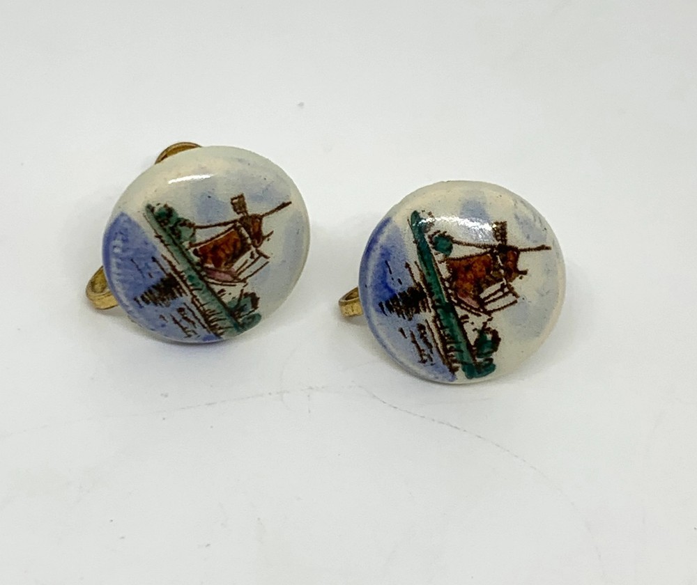 Vintage windmill Holland ceramic screw back earrings