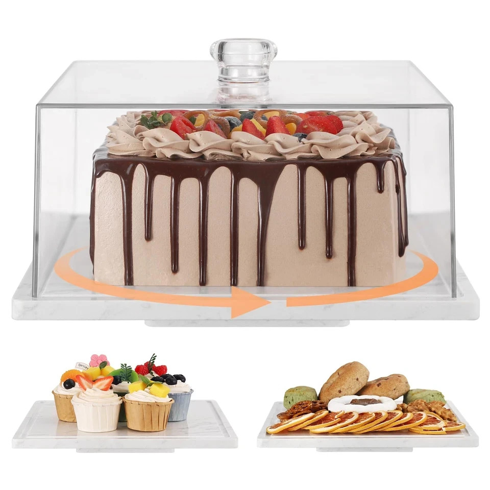 Marble Cake Stand, Rotatable with Square Dome Holder New