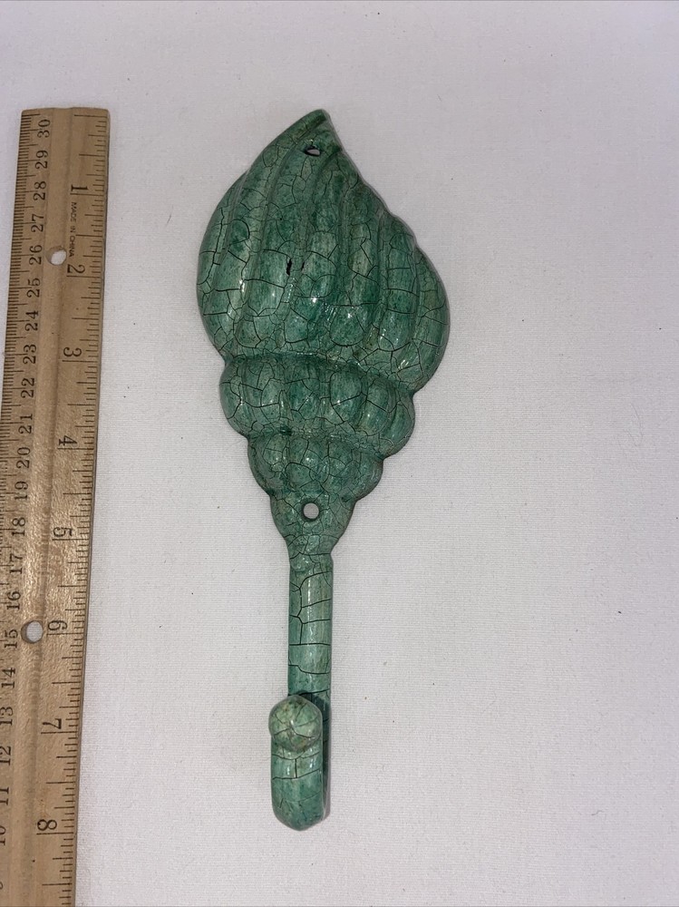 Enameled Cast Iron Robe Hook Green Sea Shell Shape 8”