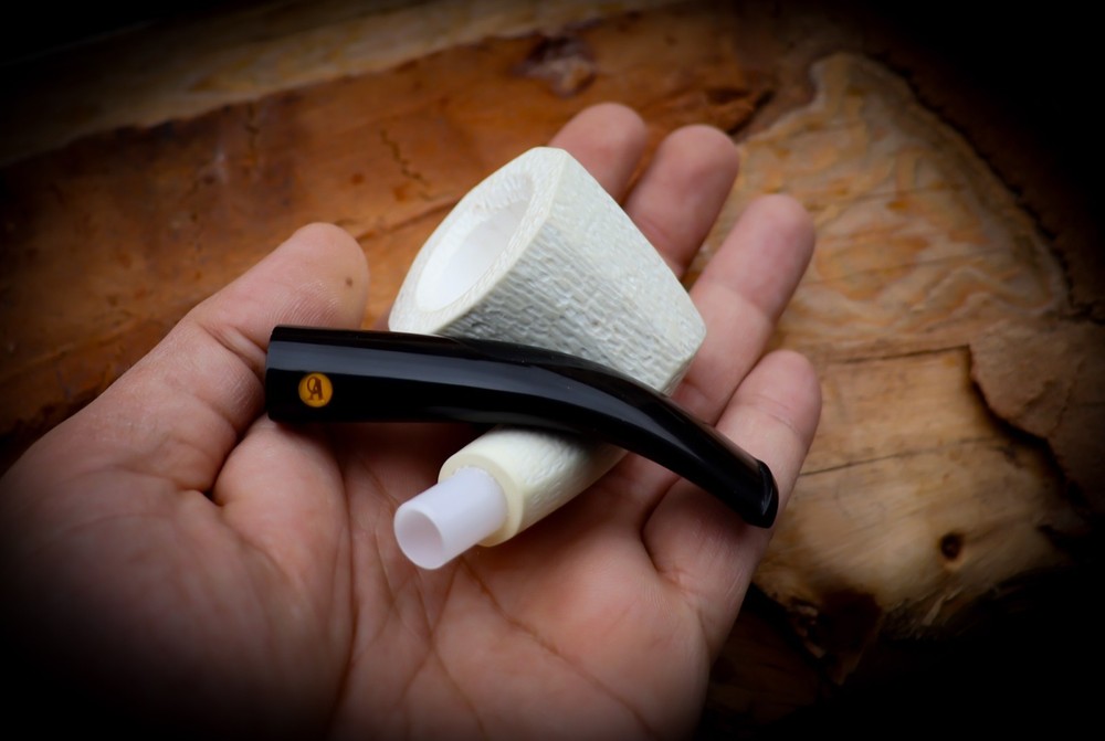 9MM Rustic Patterned Panel Meerschaum Pipe With Leather Case- Astaş Meerschaum