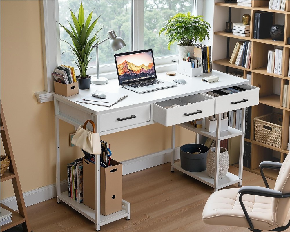 Shahoo Computer Desk with Drawers & Storage Shelves, 48" Modern Writing Table...