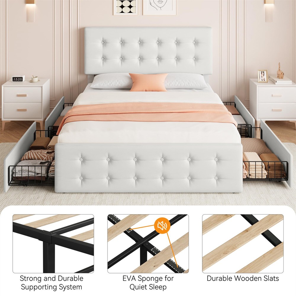 Full Size Bed Frame with 4 Storage Drawers and Headboard Upholstered Platform