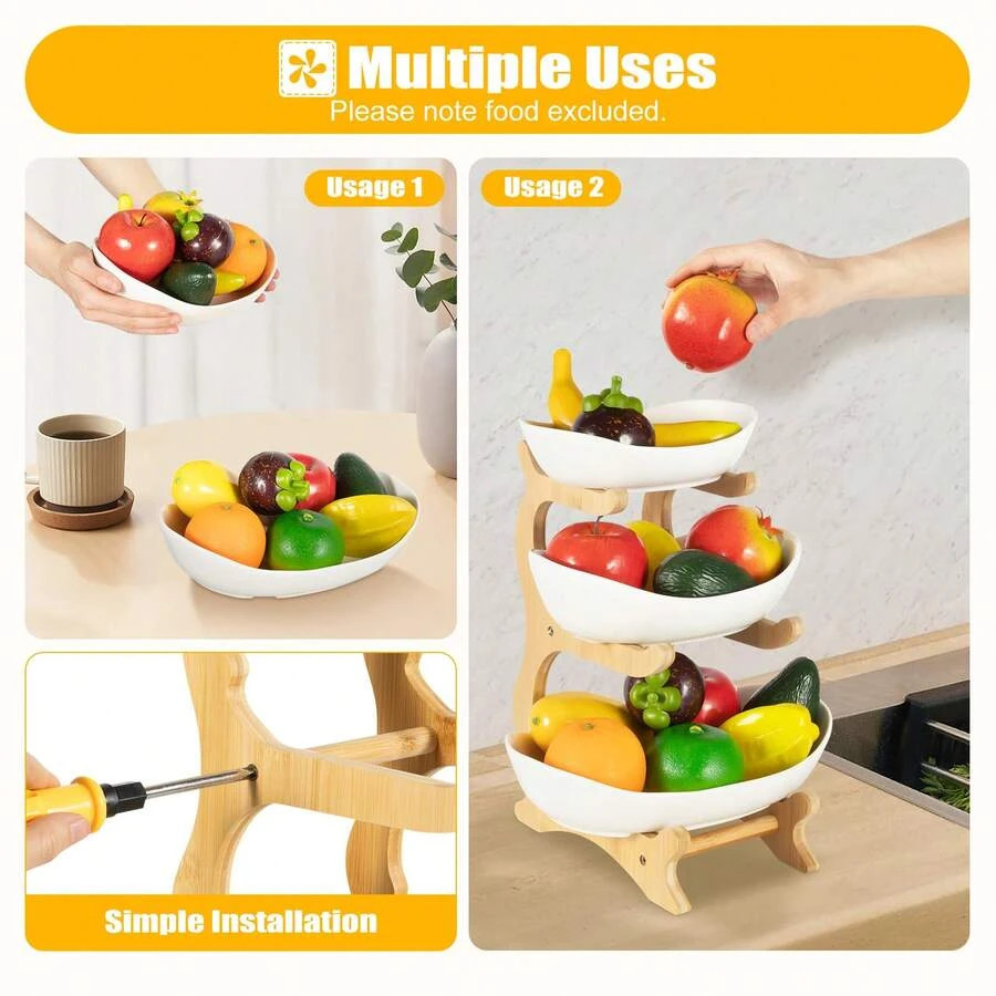 NEW 3-Tier Bamboo Storage Rack, Multi-Purpose Fruit & Snack Organizer Stand For