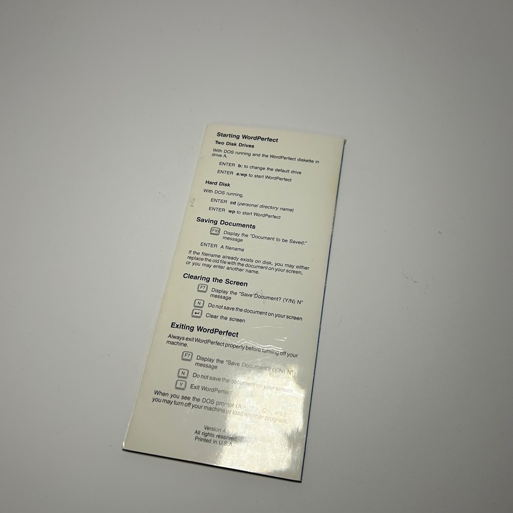 WordPerfect 4.1 Quick Command Reference Original