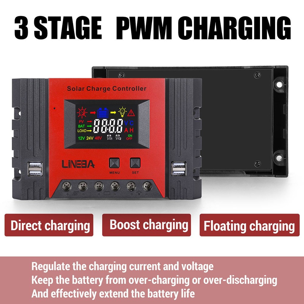 30-100A PWM Solar Panel Regulator Charge Controller 12V/24/48V Auto Focus 4 USB