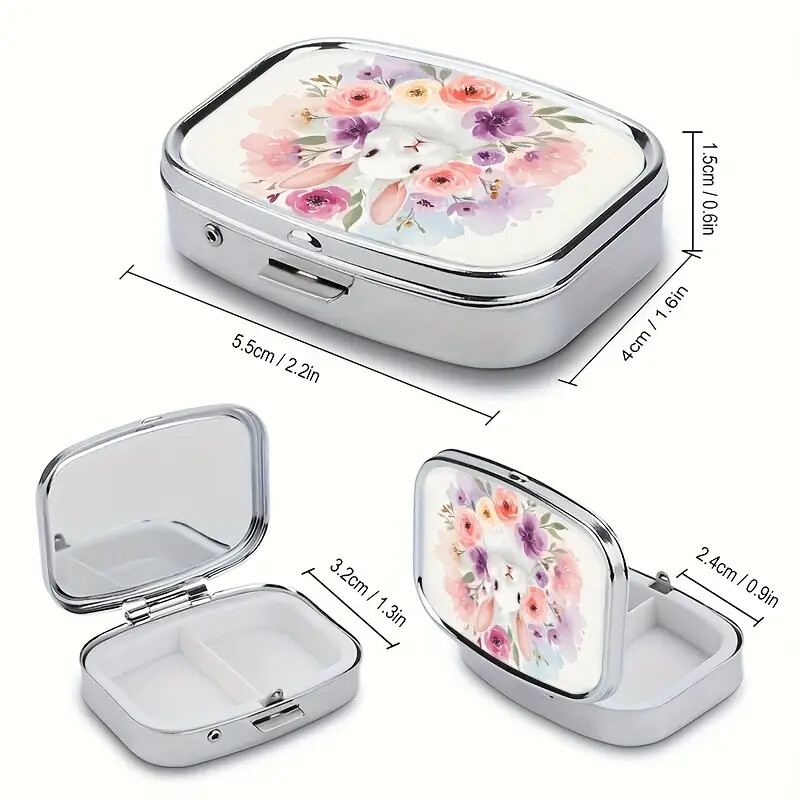 Pink Floral Rabbit Design Metal Pill Box - 2 Compartment Portable Size