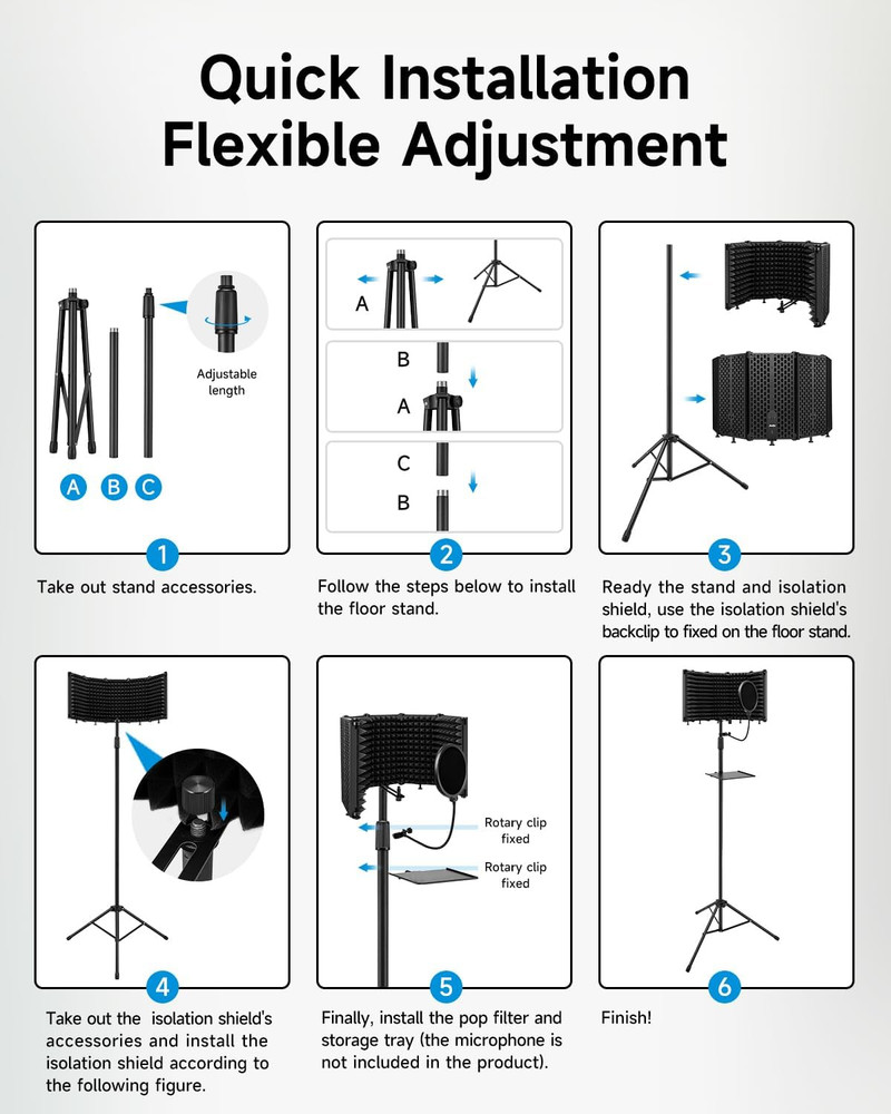 Microphone Isolation Shield with Pop Filter & Tripod Stand, Foldable Mic Shield