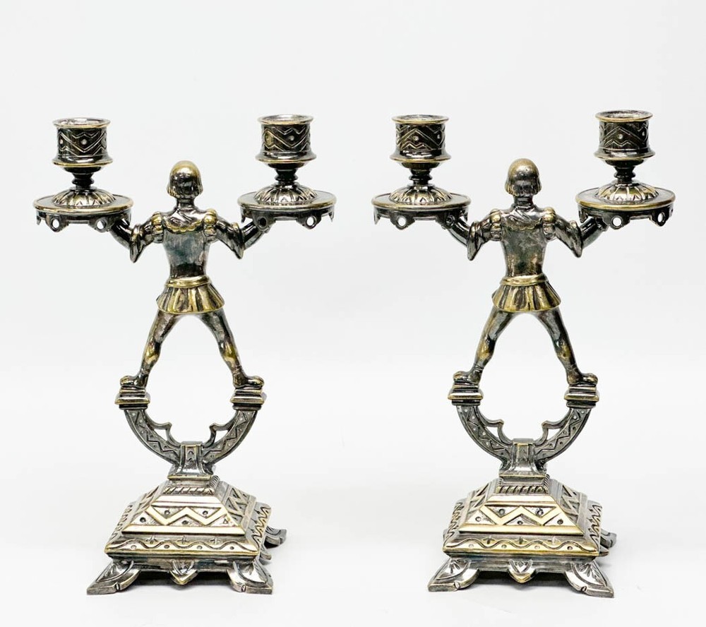 Pair Figural Squires Silver Plate Candlestick Holders circa 1900