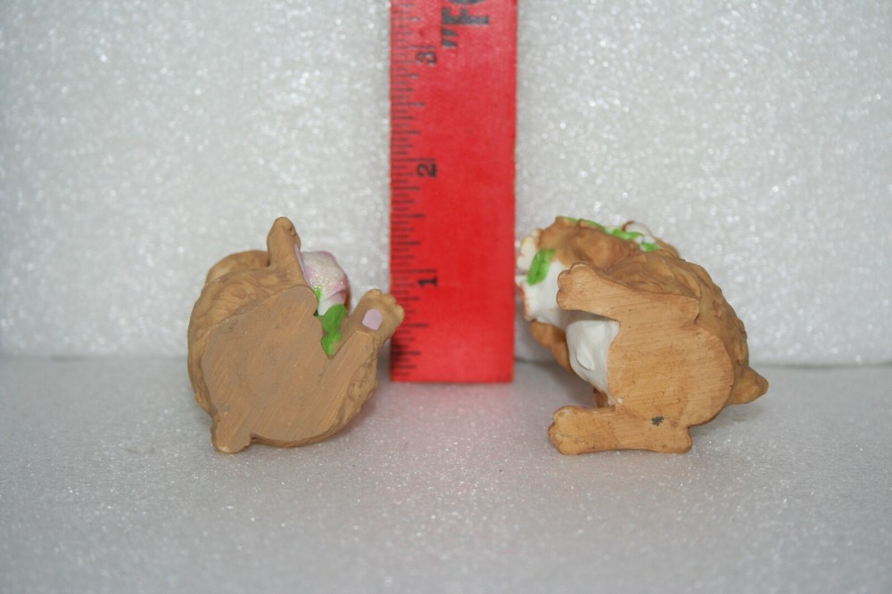Set 2 Bunny Rabbit Figurines Holding Flowers Glitter Accents Springtime Easter