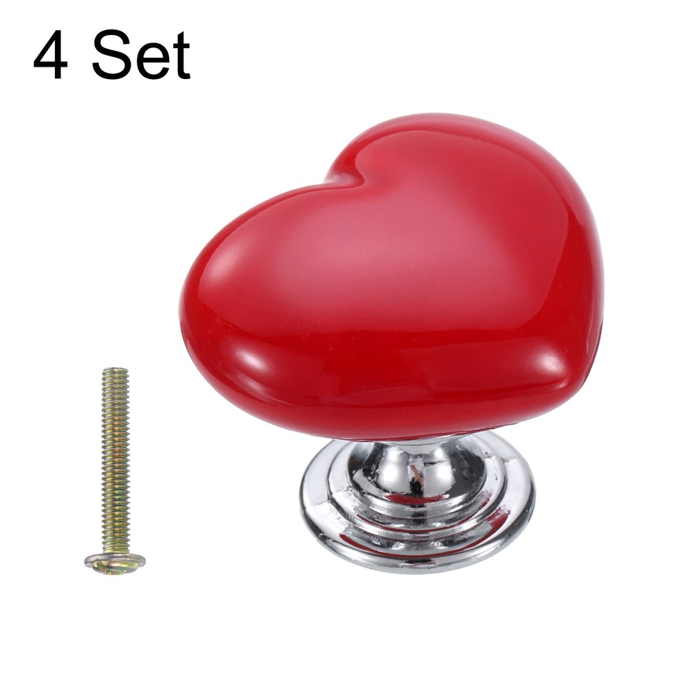 4 Packs Heart-Shaped Ceramic Drawer Knobs Red/Silver Dresser Pulls Handles