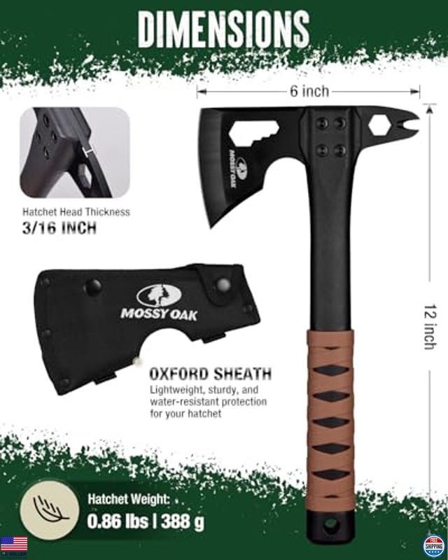 12" Camping Axe Hatchet with Sheath, Compact Outdoor Multitool, Non-Slip Handle