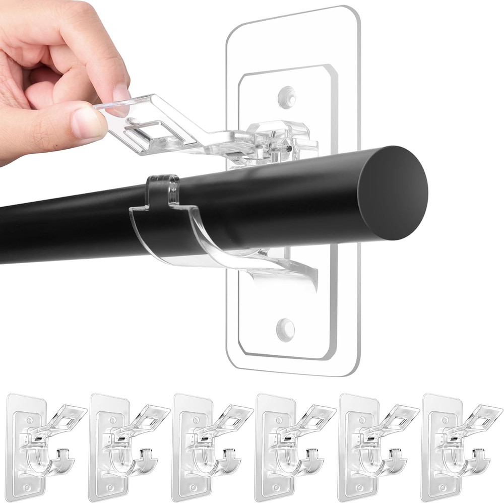 6-Pack No Drill Needed Curtain Rod Holders, Self Adhesive Rod Brackets, Multipur