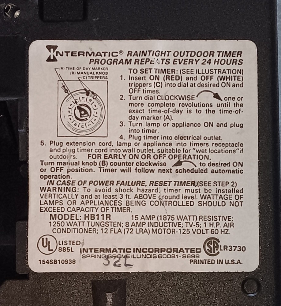 Intermatic HB11R Raintight Outdoor Program Timer EUC