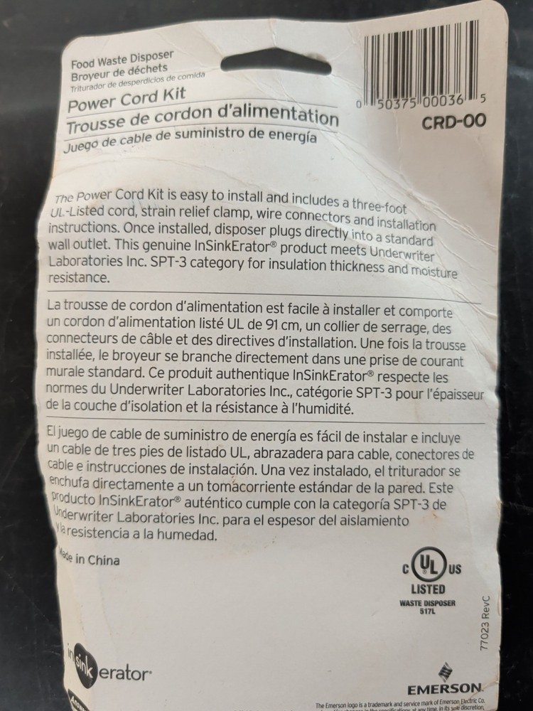 InSinkErator Garbage Disposal Power Cord Kit CRD-00 Install Badger Evolution