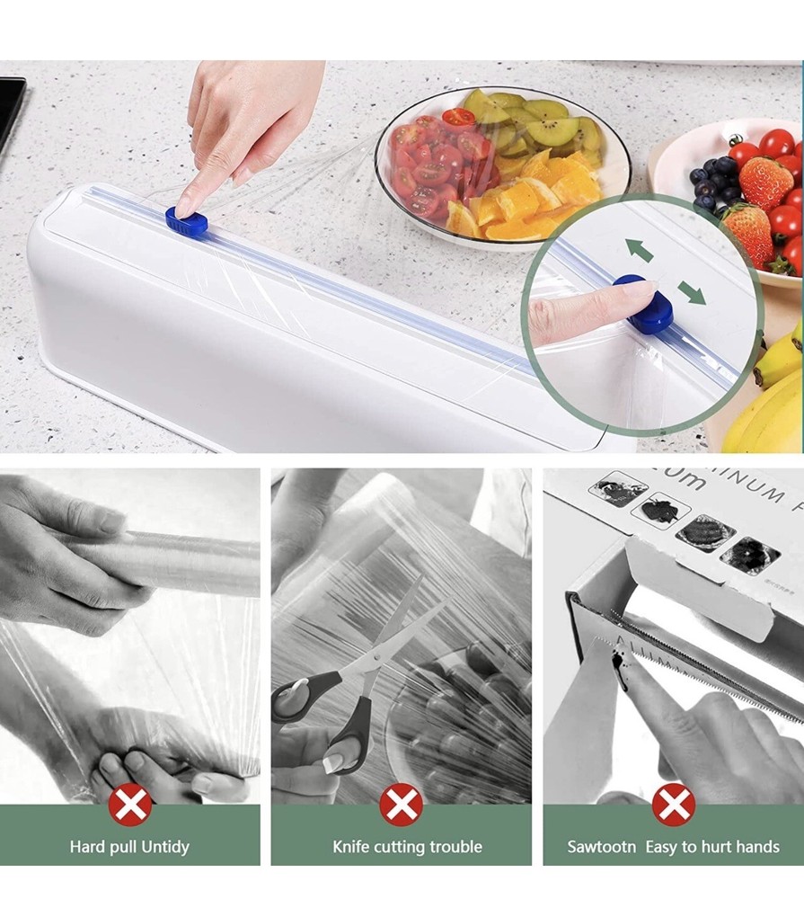 Liotww Pack of 2 Plastic Wrap Dispenser with Slide Cutter,Pasteable